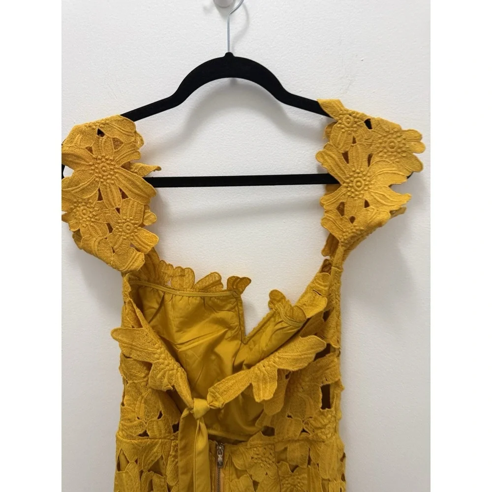 Few Moda Yellow Floral Guipure Lace Mini Dress Size M Off Shoulder Tie Back